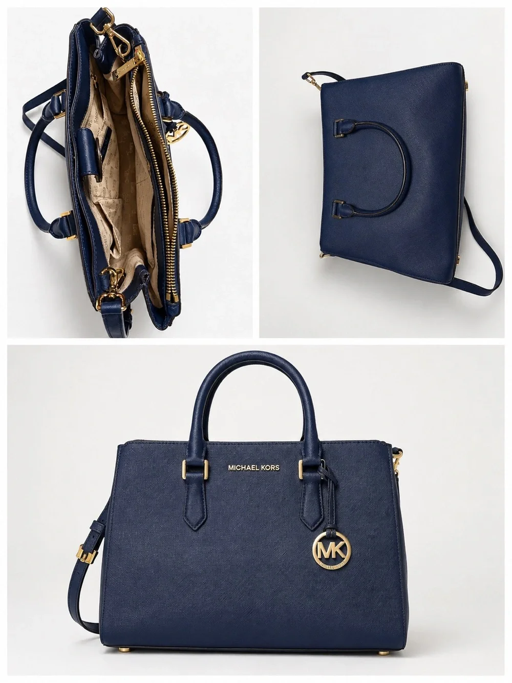 Michael Kors Navy Saffiano Satchel with Gold MK Charm